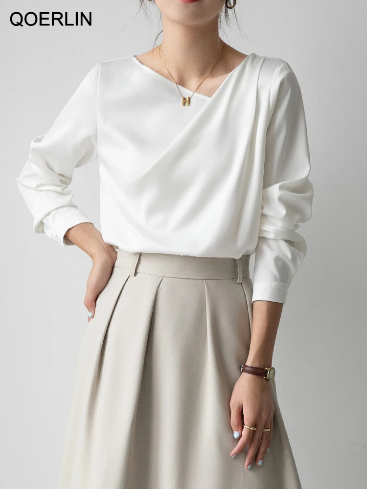 

Стильная белая рубашка QOERLIN с косым воротником и длинным рукавом, весна-лето 2023, роскошная элегантная свободная Офисная Женская блузка