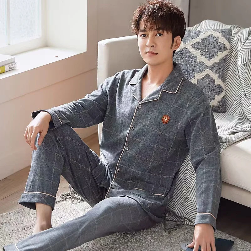 100% Cotton Pajamas Set For Men Spring/Autumn Plus Size Long-Sleeved Trousers Sleepwear 2 Piece Set Home Clothes Homewear