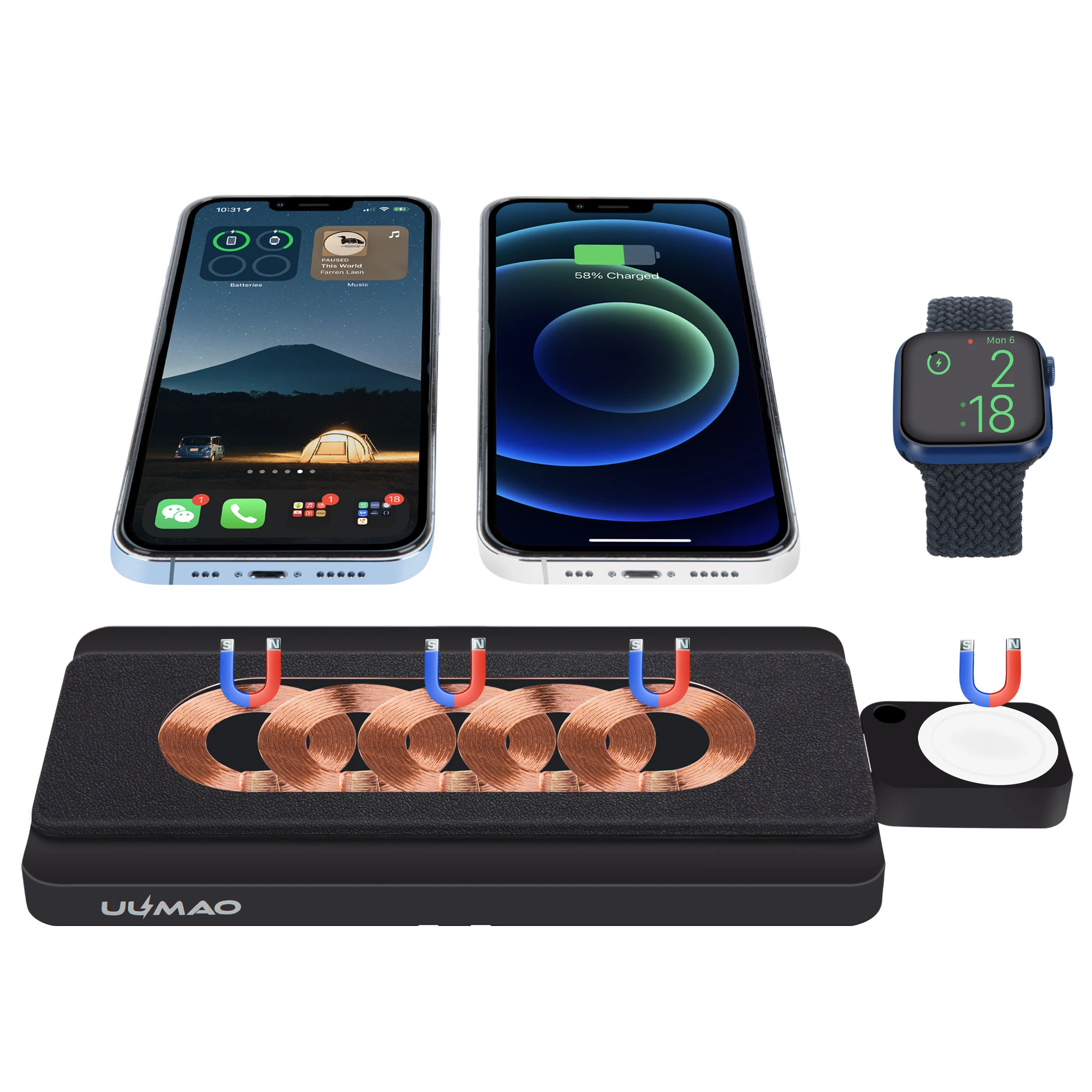 Магнитная Беспроводная зарядная площадка UUMAO 5-катушечная Тройная станция для