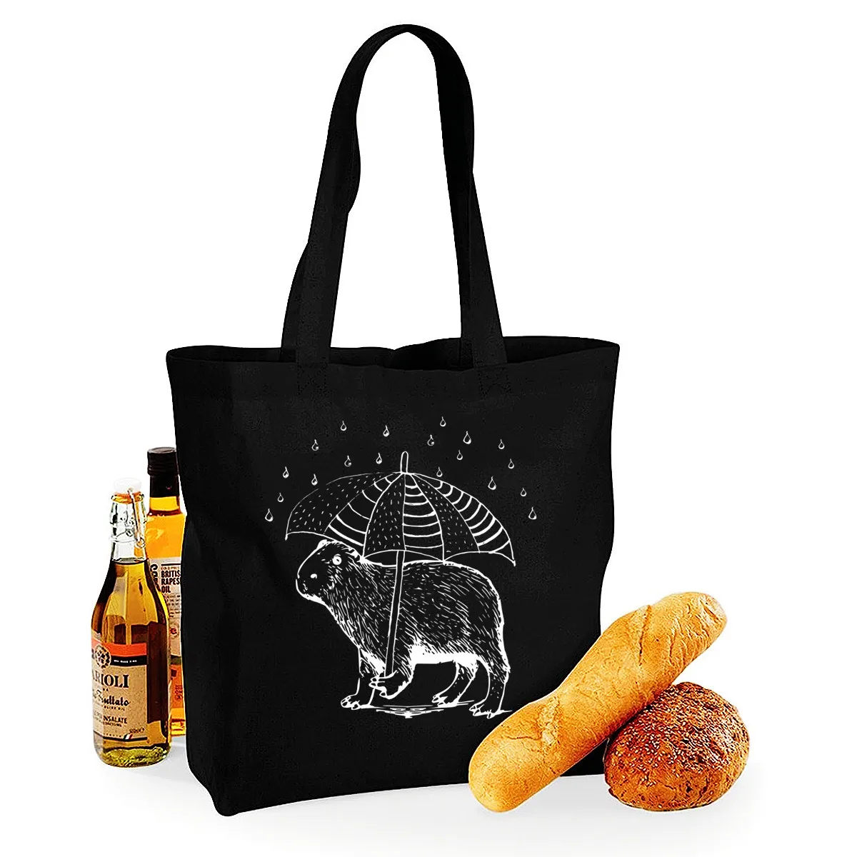 

Cute Capybara Cartoon Kawaii Black Canvas Tote Bag Shopping Bag Reticule Cosmetic Bag Student Shoulder Bag Black Canvas Handbag