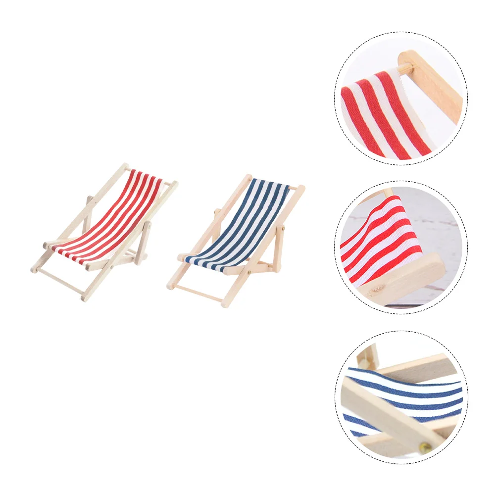 

2 Pcs Deck Chair Model Wooden Folding Playhouse Decor Recliner Beach Scene Props Toy Mini Hand-woven Birch Child Simulation