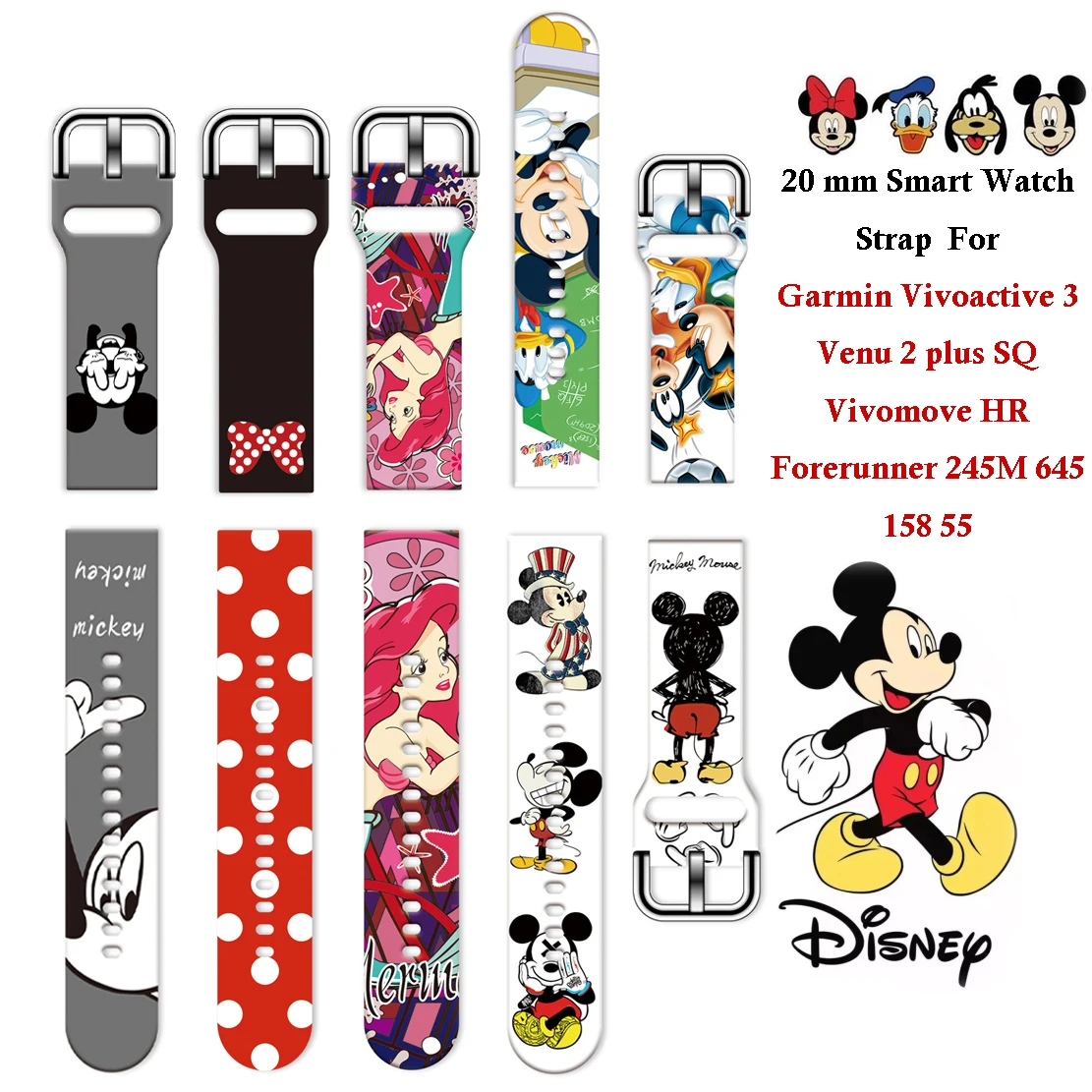 

Браслет Disney с изображением Микки и Минни и шифона, 20 мм, для Garmin Vivoactive 3, подарок 2 Plus, SQ Vivomove HR Forerunner, 245 м, 645, 158, 55