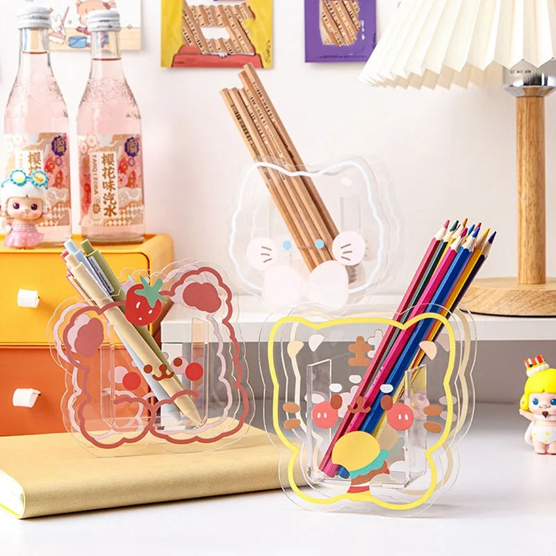 

Kawaii Cartoon Acrylic Pen Holder Desktop Organizer INS Transparent Bunny Bear Office Stationery Cosmetics Storage Box Holder