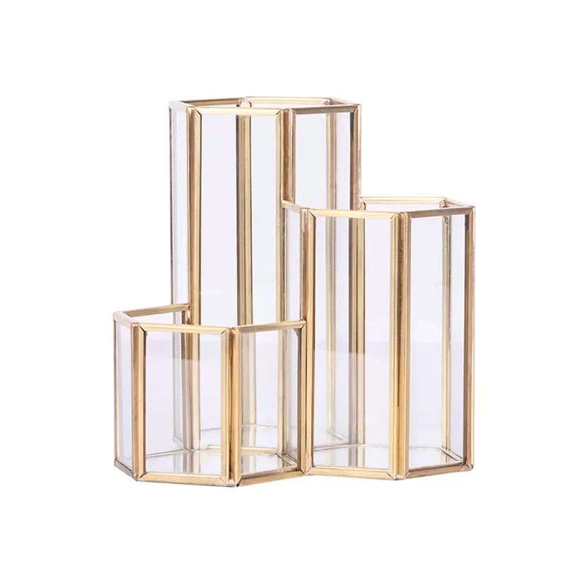 

NEW2023 2023 Glass Copper Hexagon Composite Pen Holder Makeup Brush Glass Box Multifunction Desktop Organizer Office Accessories