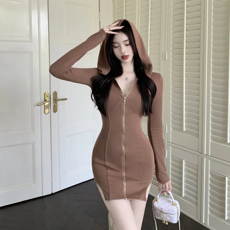 

Примите заявленные предложения на талию, тонкое платье на молнии с капюшоном, осенняя новая юбка с длинным рукавом в виде рыбьей кости