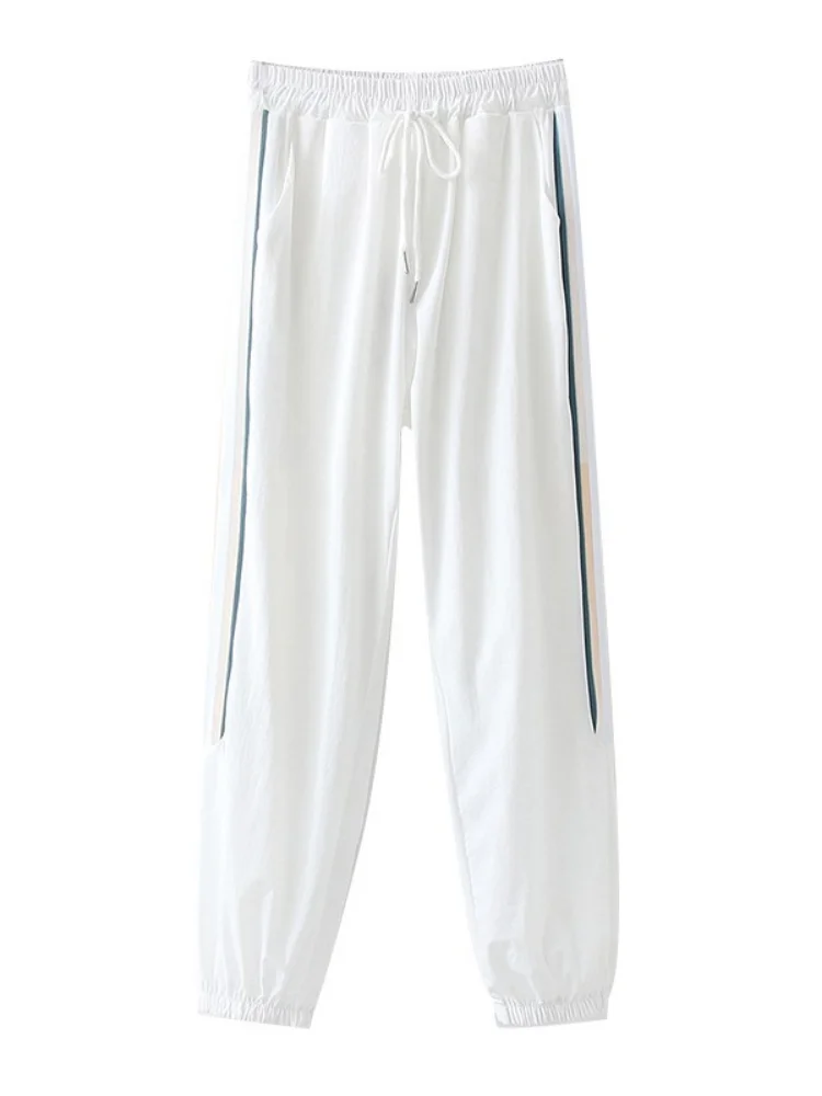 

Women Quick Dry Trousers 2022 Spring Elastic Waist Color Stripes Minimalist Straight Pants Ladies Daily Full Length Trouser