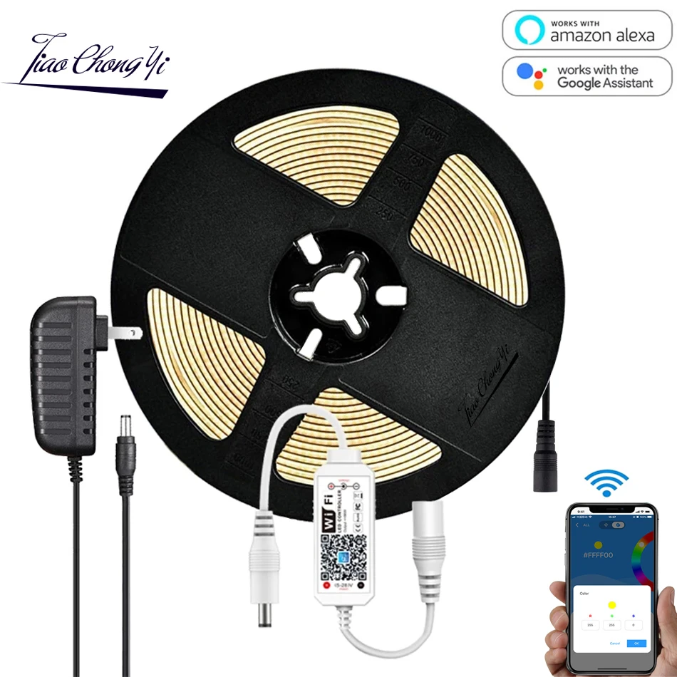 

DC12V COB LED Strip Lights WIFI Control Dimmable Full Set Flexible FOB Tape Ribbon Lights for Single color Warm white light