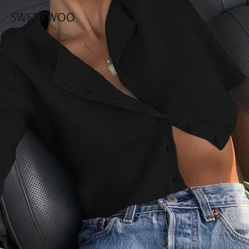 

Autumn Solid Color Retro Single-breasted Round Neck Thin Knit Short Cropped High Waist Short-sleeved Fashion Casual Top T-shirt