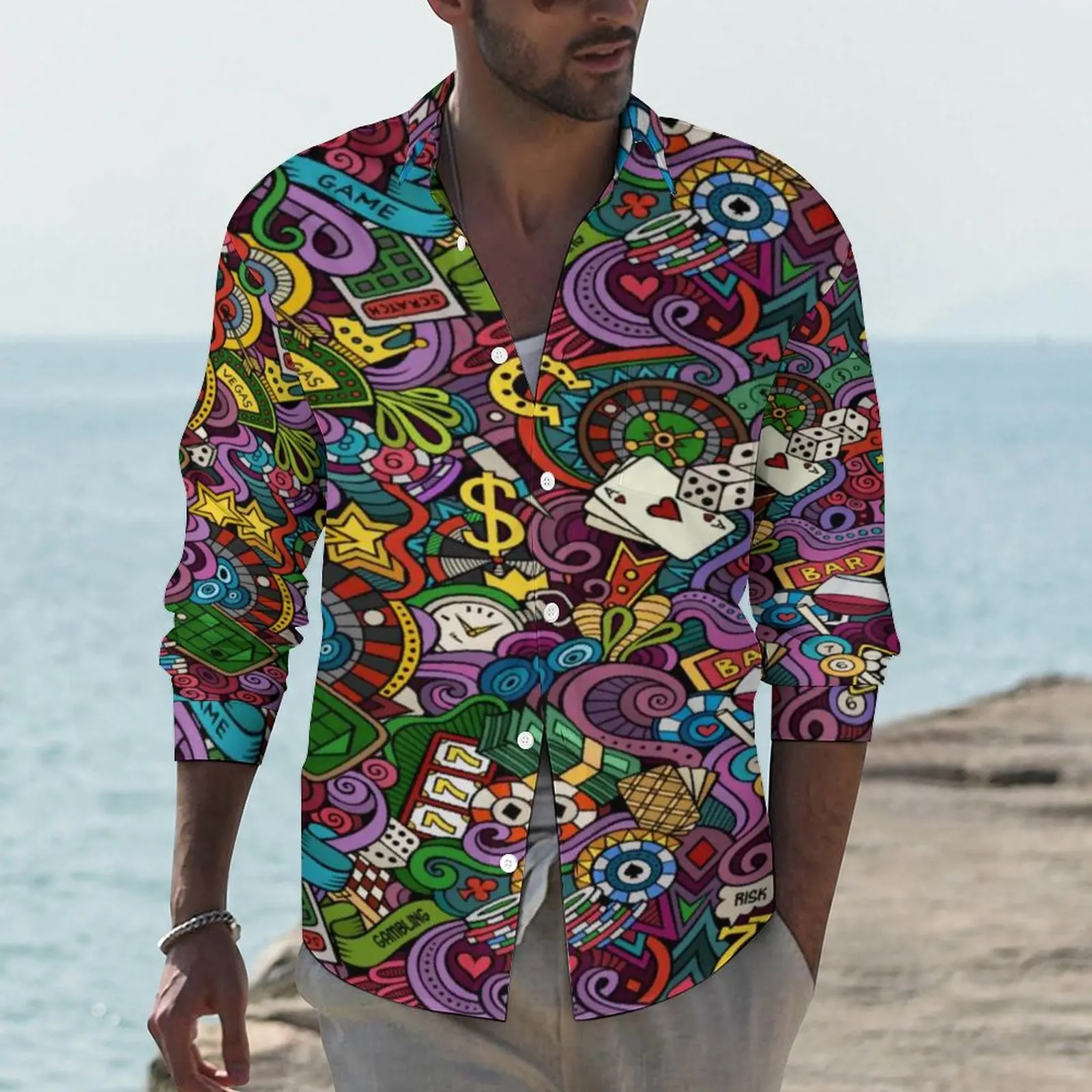 

Цветная рубашка для отпуска, азартные игры, поп, повседневные рубашки с длинным рукавом, блузки с принтом Y2K, осенняя крутая одежда оверсайз