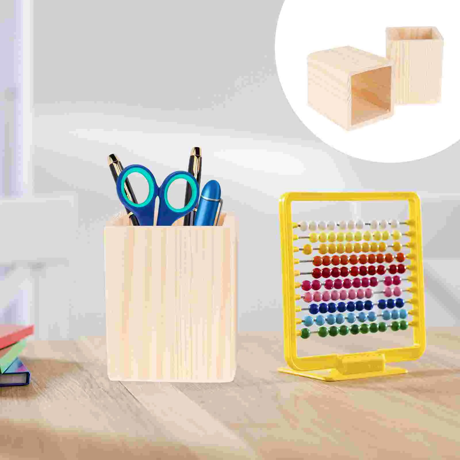 

2 Pcs Wood Container Wooden Pot Holder Office Table Storage Box Makeup Brushes