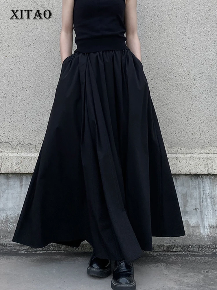 

XITAO High Waist Skirt Fashion Black Small Fresh Women Pocket 2023 Summer Minority Loose Elegant Pleated Skirt WLD11478