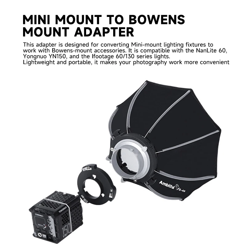 Фото Металлический комплект для фотосъемки MB01 MB02 Mini Mount Bowens Adapter Quick Setup YONGNUO YN150 IFOOTAGE 60/130 №2