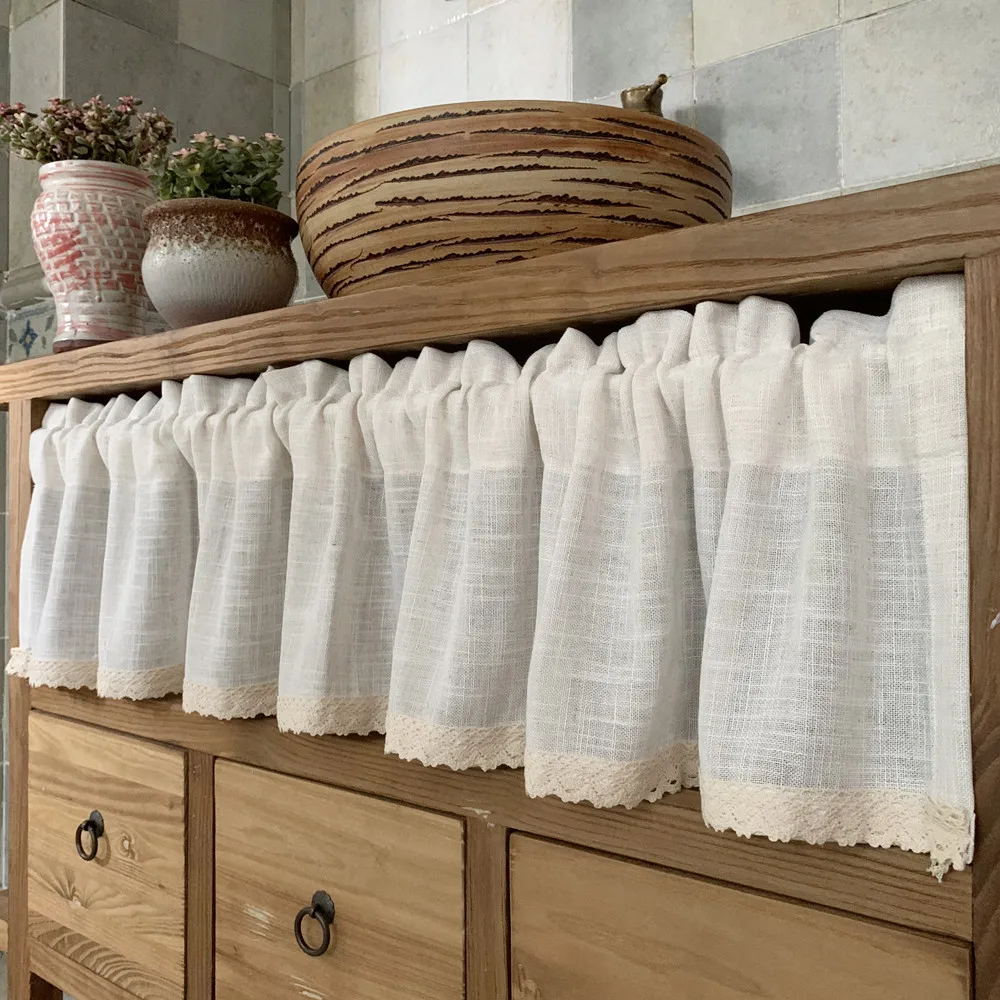 

Nordic Short Valance for kitchen Cabinet BeigeCotton Linen Lace Hem Half Tulle Drapes Wine Cabinet Door Window Small Curtains