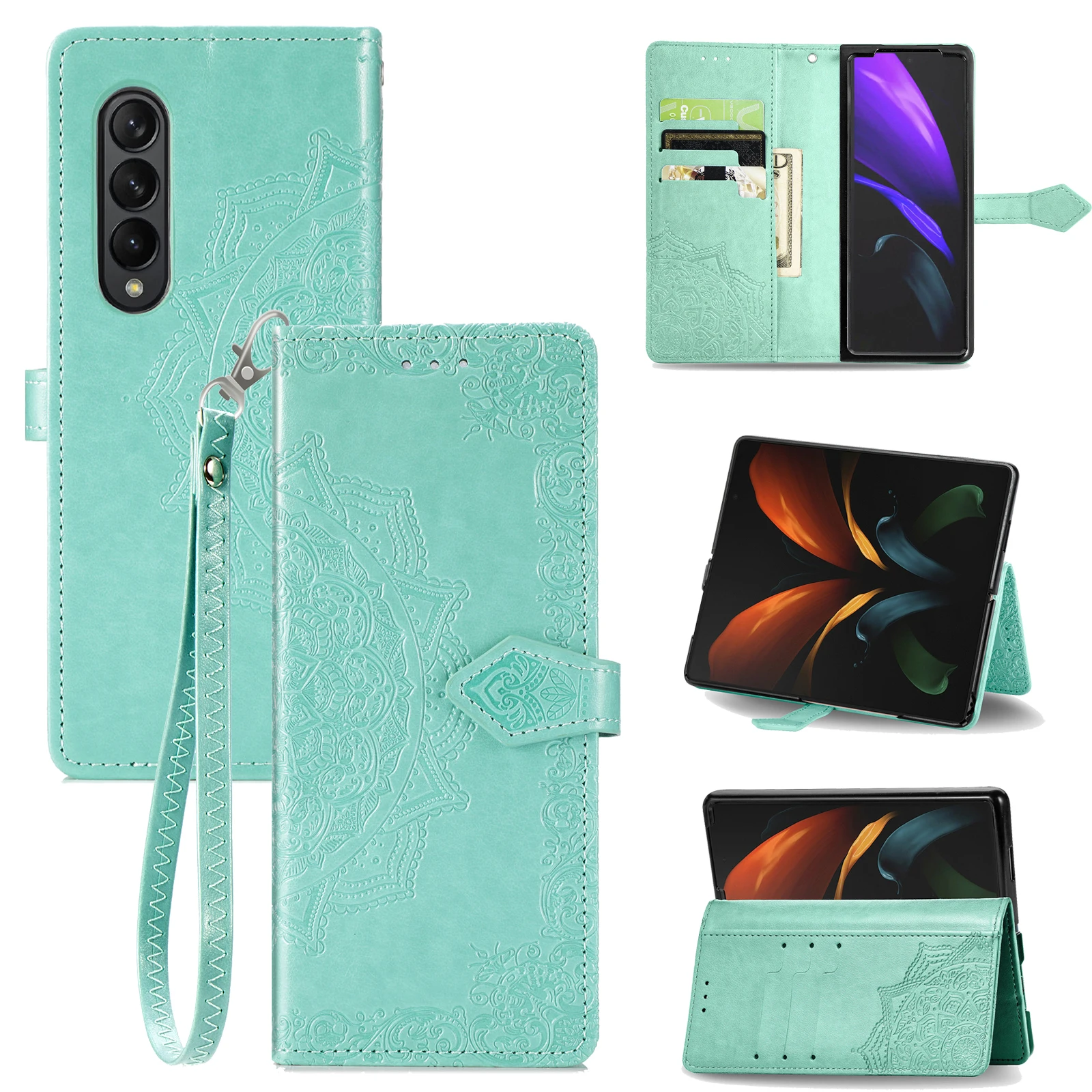 For Samsung Galaxy Z Fold 4 3 Case Luxury Flowers Leather Hand Strap Folding Holder Magnetic Wallet Card Slot Shockproof Cover