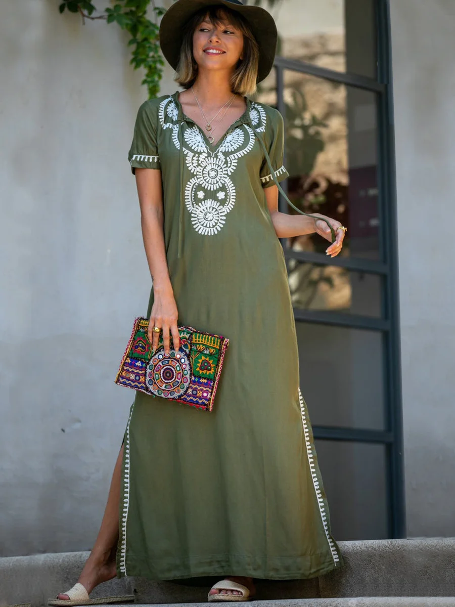 

Женское кружевное платье макси с цветочной вышивкой, длинное пляжное платье с V-образным вырезом и коротким рукавом в богемном стиле с разрезом для отпуска, лето 2023