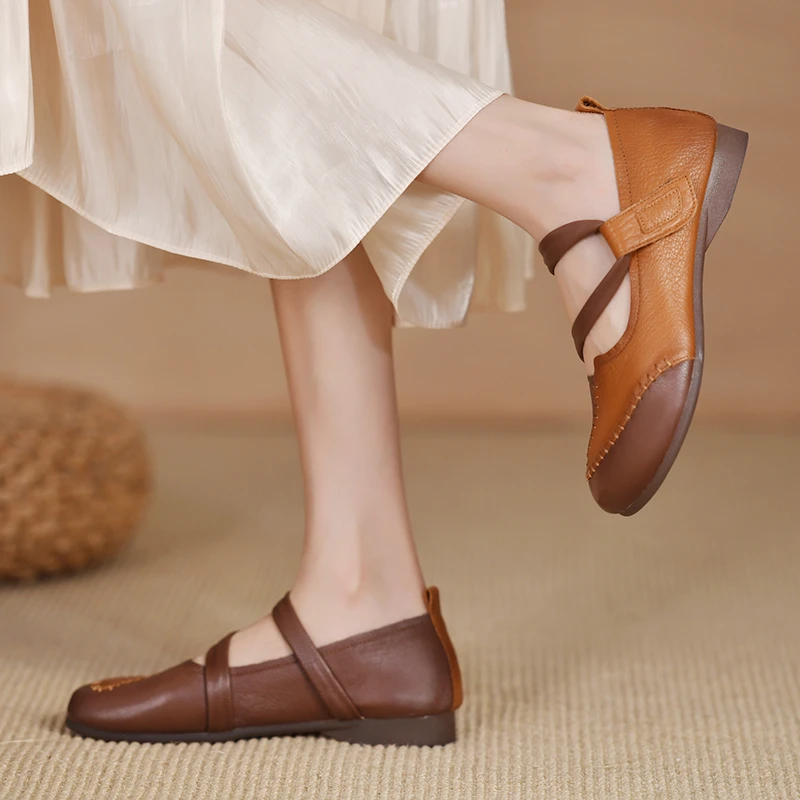 Women Shoes Flats 2022 Trand Mary Jane Elegant Retro Fashion Barefoot Comfortable Leather Stitching Female Ethnic Style Loafers