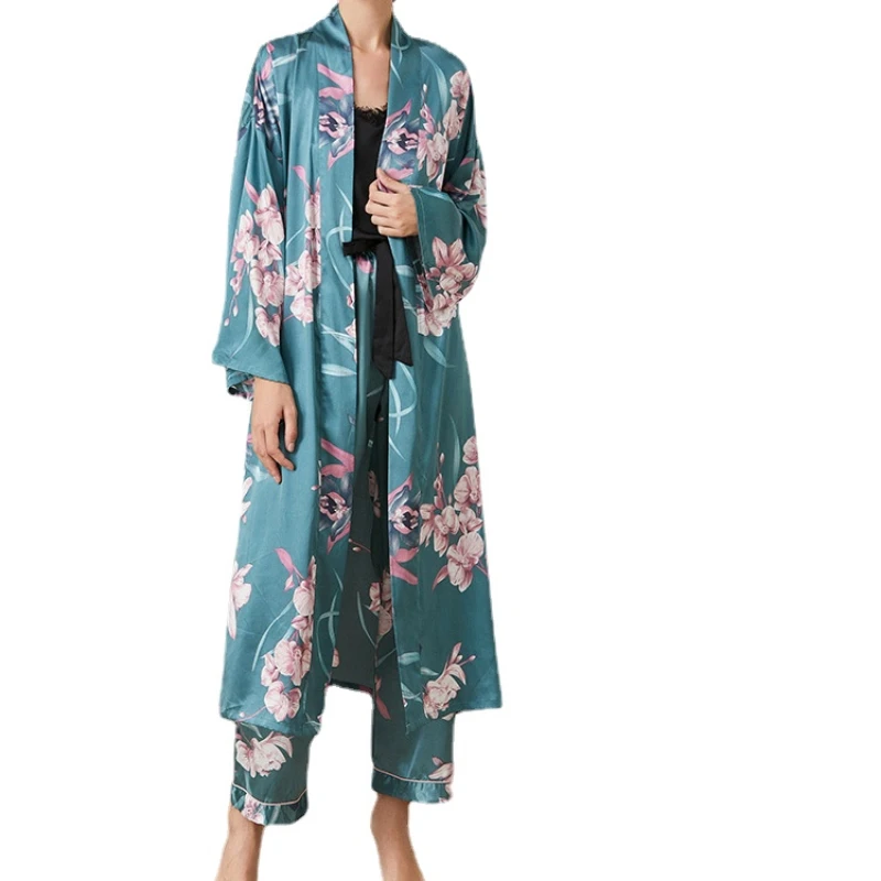 

Suspender Trousers Printed Pajamas Mid-Length Belt Nightgown Three-Piece Set