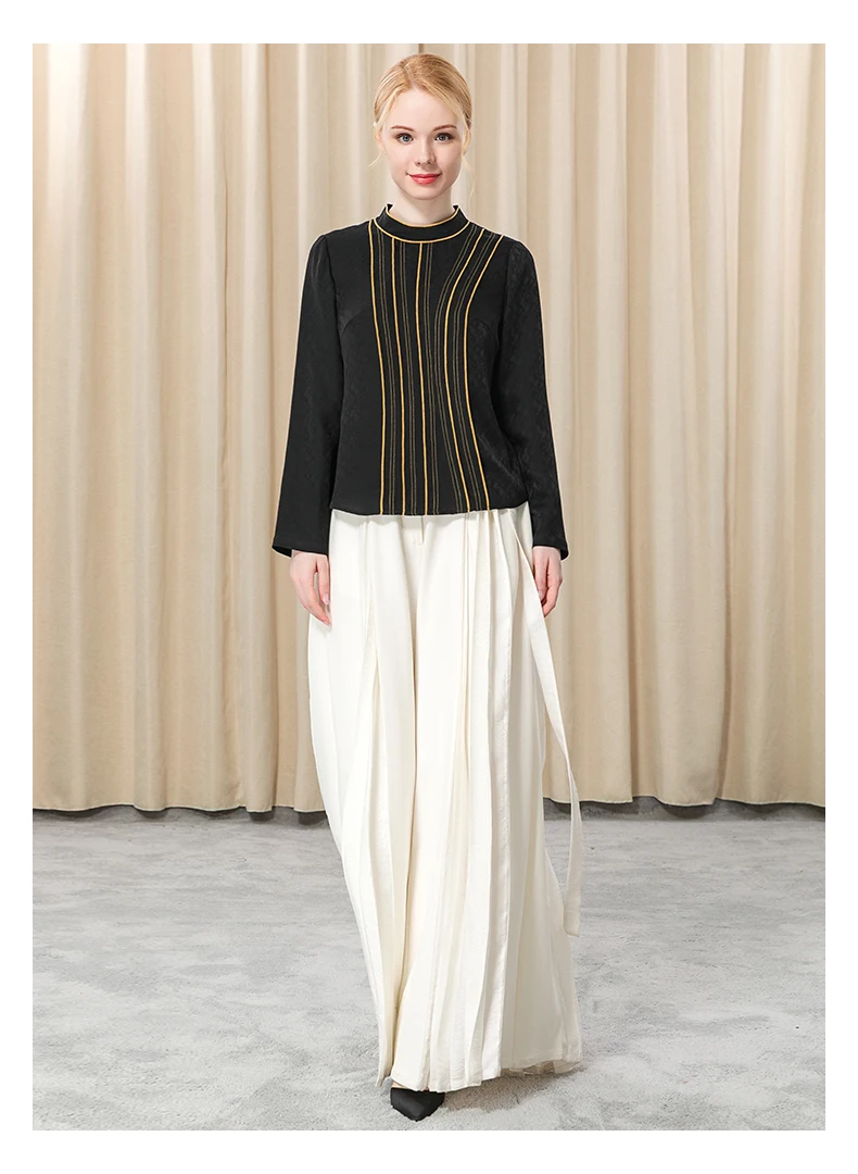 

Женские шелковые жаккардовые рубашки, асимметричные рубашки с воротником средней длины, круглым вырезом, пуговицами сзади и прямыми рукавами, желтого цвета, 22 м/м, BE259