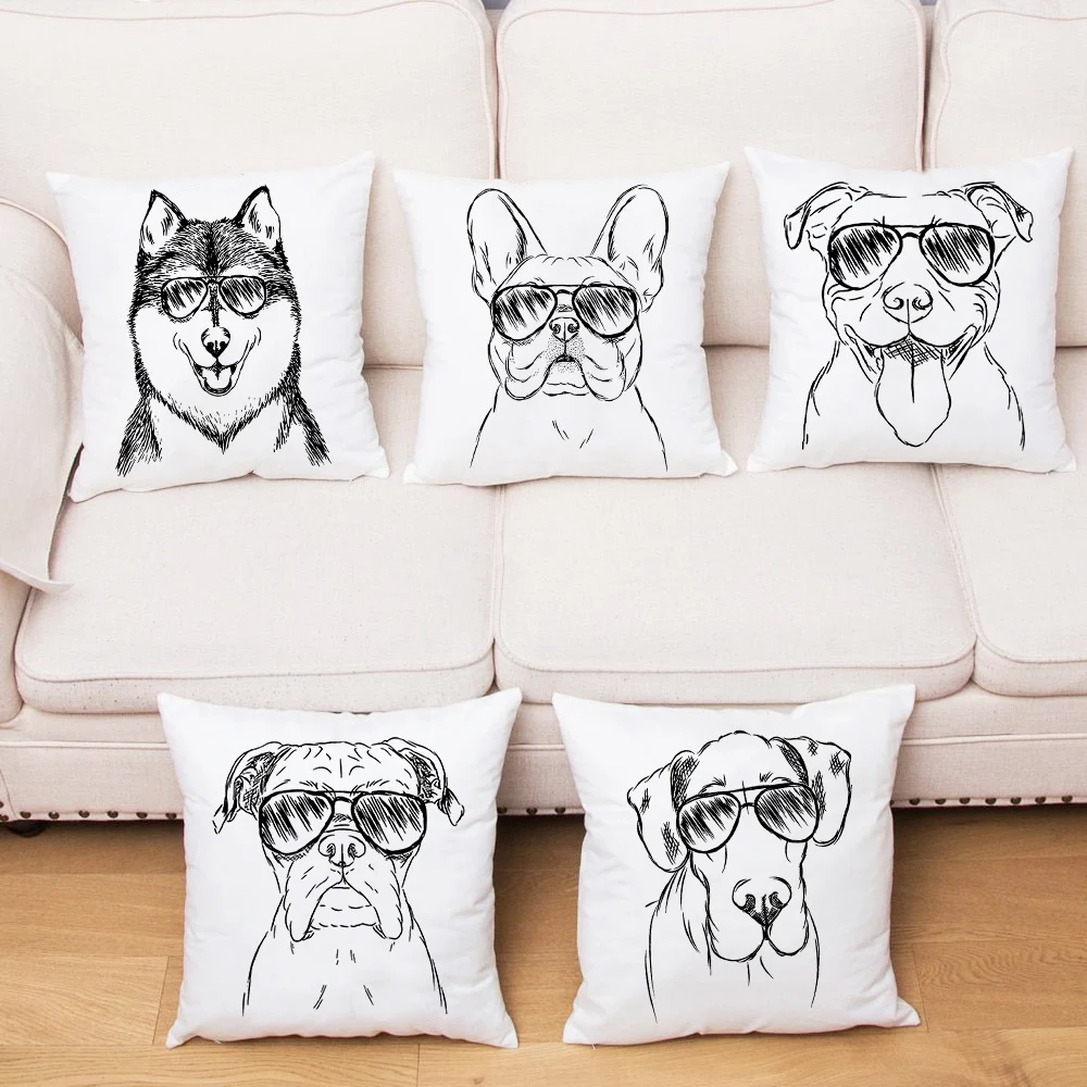

Glasses Dog Print Cushion Cover Sketch Bulldog Pillowcase Square Pillowcase Home Decor Sofa Bed Car Chair Throw Pillow