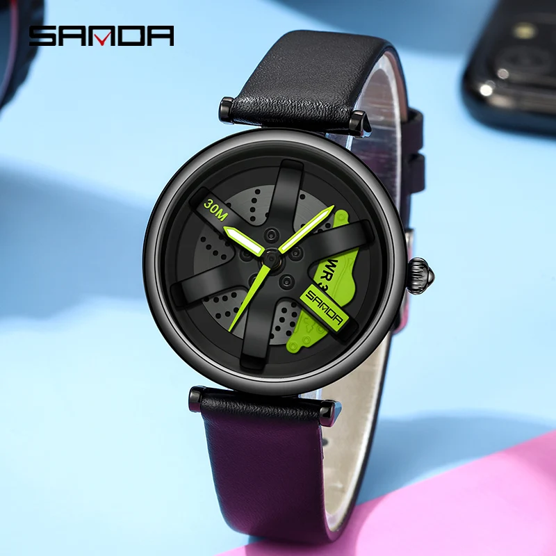 SANDA Fashion New Womens Watches Luxury Brand Women Racing Watch Watch Brake Dial Leather Strap Quartz Waterproof Reloj Mujer