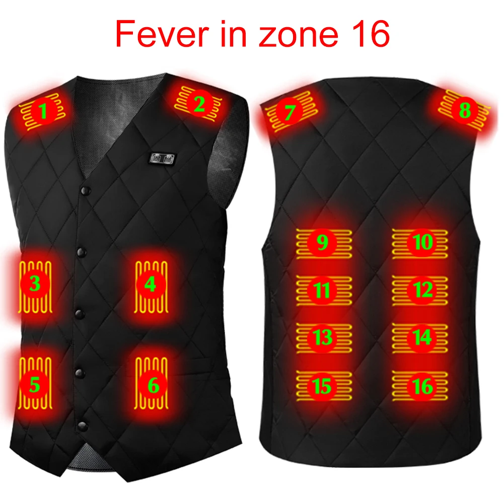 

16 Places Zones Heated Vest Coat 3 Gears Thermal Electric Heating Clothing USB Charging Electric Heating Vest for Outdoor Travel