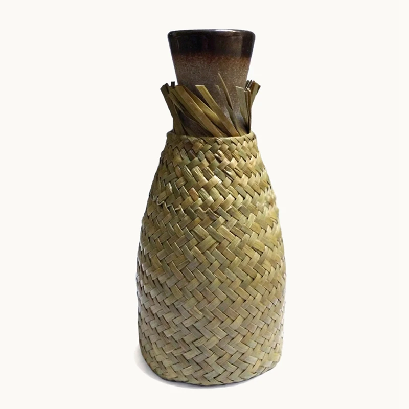 

Rattan Ceramic Flower Pot Hand-Woven Straw Vase Seaweed Woven Flower Arrangement
