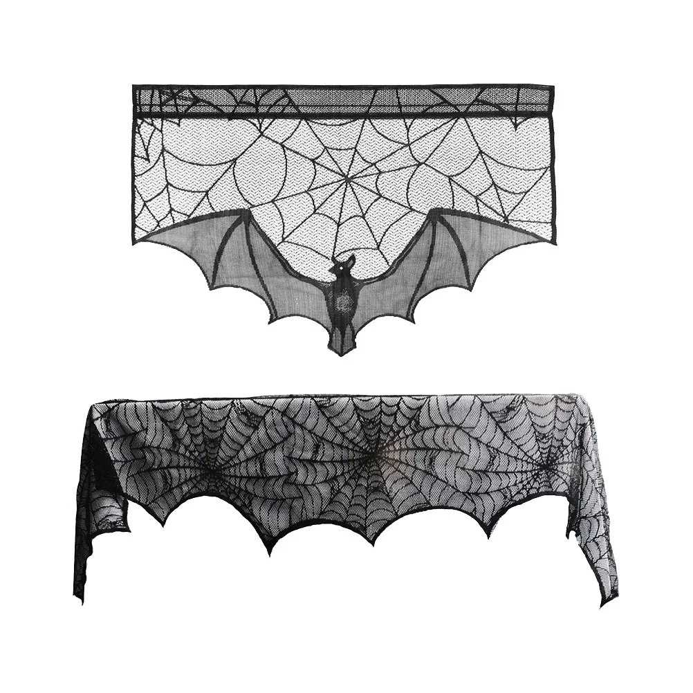 

Fireplace Table Cloth Halloween Cover Spider Lace Bat Decor Tablecloth Topper 3D Scary Web Cobweb Scarf Lampshade Party Curtains