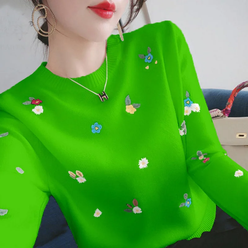 

2022 New Women's Casual Fashion Sweater O-neck Pullovers Knitted Comfortable Casual Long Sleeve Flower Embroidery Basic Sweater