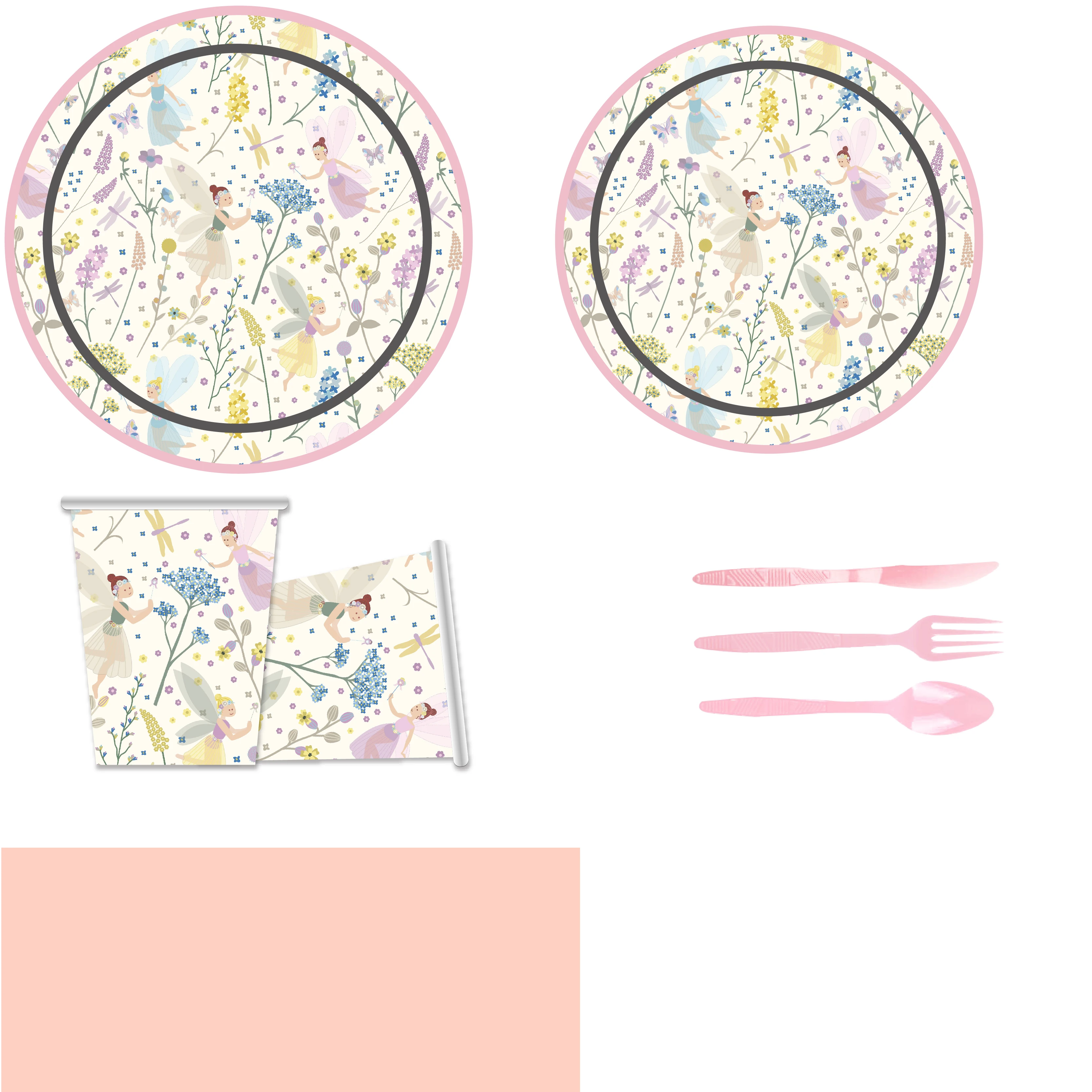 

61 Pieces/Set Pink Flower Fairy Themed Disposable Cutlery Birthday Decorations Baby Shower Fork Tray Cup Tablecloth Party Supply