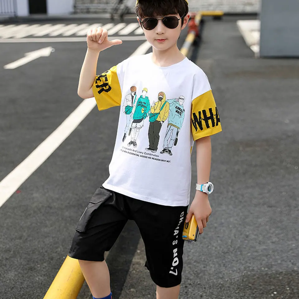 

Комплект летней детской одежды из топа с коротким рукавом и шортов, 4-14 лет