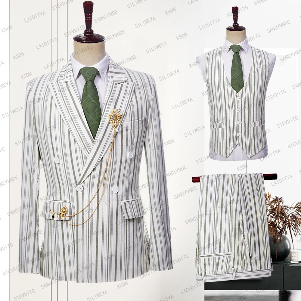 2023 New Men's Stripe Suit Light Green Pointed Lapel Groom Wedding Fashion Casual Tuxedo 3 Piece Set (Jacket+Tank Top+Pants)