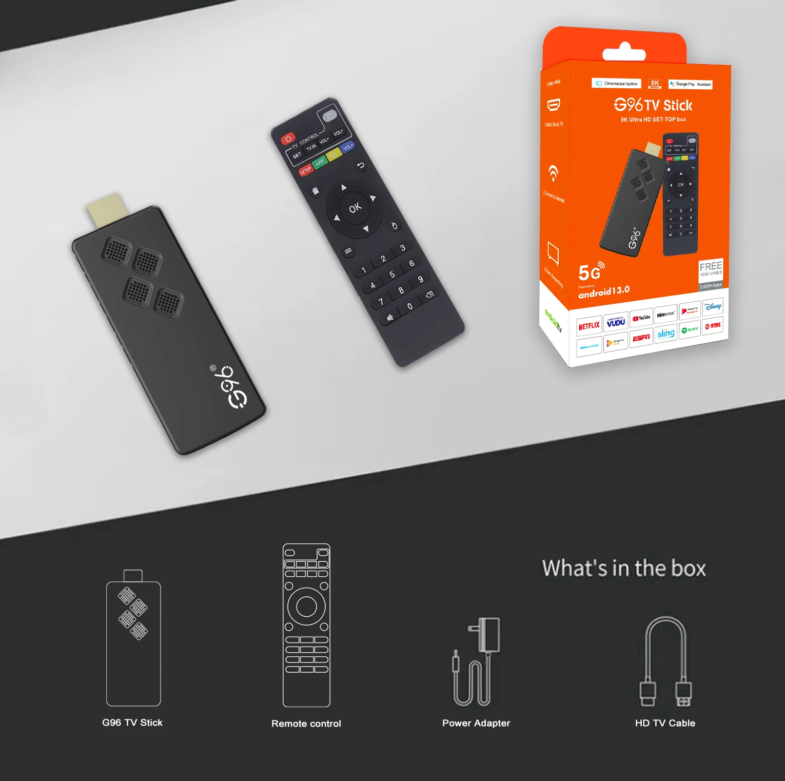 Портативный 8K HDR Android13 TV Stick от KANAVI 2 ГБ 16 Многоязычный потоковый медиаплеер с
