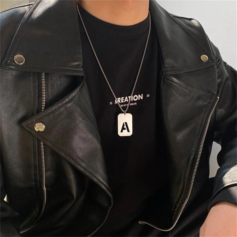 Letter Hollow Necklace Men's and Women's Hip Hop Accessories Rectangle Stainless Steel Smooth Military Brand Pendant Necklace