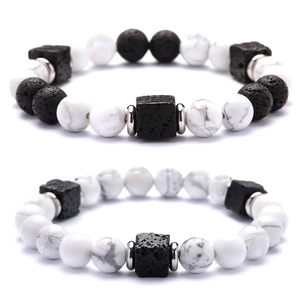 

Natural Square Volcanic Stone White Pine Bracelet Fashion Black Couple Bracelets for Women Men White Turquoise Yoga Jewelry Gift