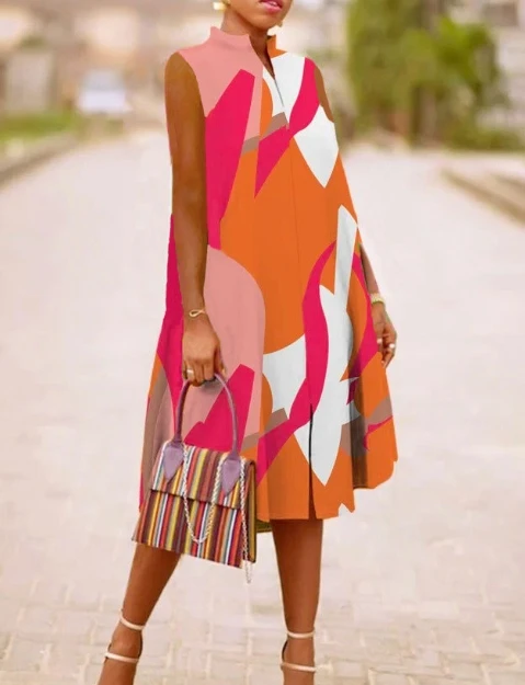 

Y2K Elegant and Pretty Women's Dresses 2023 Autumn New Fashion Flower Print Standing Neck V-Neck Rope Sleeveless Female Dress