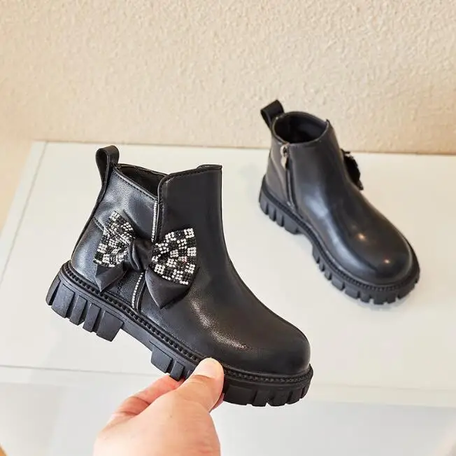 Black Rhinestone Bow Booties 2022 Non-Slip Winter Snow Boots New Casual Girls Kids Fashion Leather Elegant Princess Sport Shoes