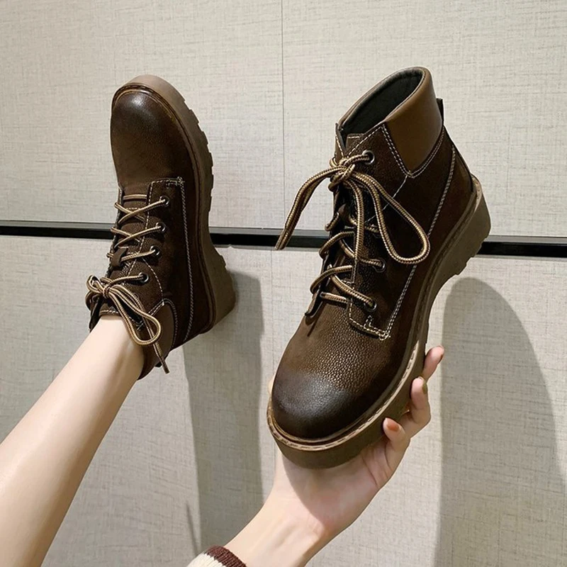 Women Fashion Platform Martin Booties Woman 2021 Autumn Black Lace-up Round Toe Combat Short Leather Ankle Boots Botas De Mujer