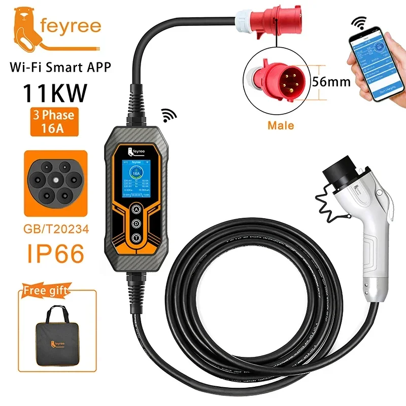 Feyree GB/T розетка EV зарядное устройство 11 кВт 16 А 3-фазное умное приложение WIFI Bluetooth 32