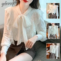 elegant sexy lace ruffles bow solid shirt spring autumn 2022 new office lady scarf collar long sleeve loose top womens clothing