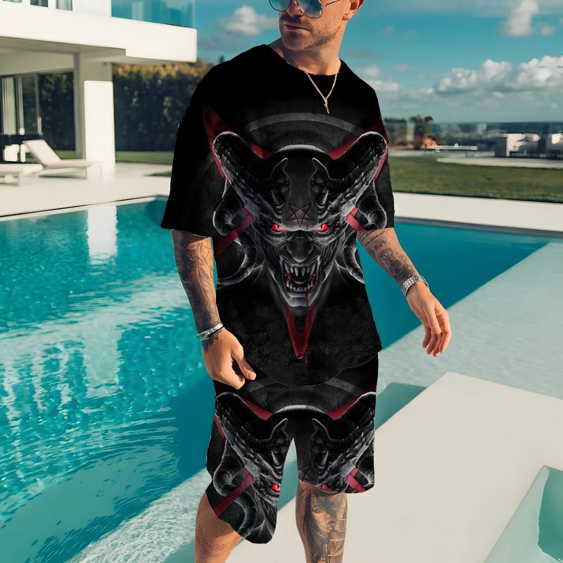 2023 Men's Summer T-shirt Sports Suit 3D Printed Short Sleeve Shorts Two-piece Abstract Skeleton T-shirt Suit For Men And Women