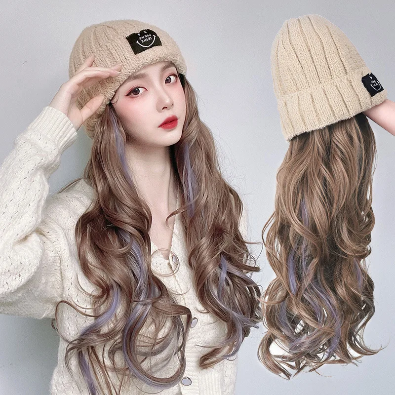 

Женская зимняя трикотажная шапка с длинным волнистым париком Y2k Haze Blue