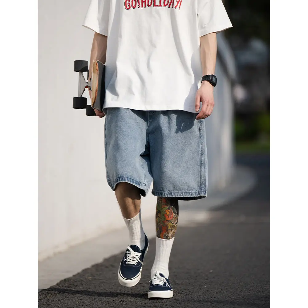 

Джинсовые шорты мужские в стиле хип-хоп, свободные джинсовые шорты в Корейском стиле, модные повседневные короткие брюки до колен со множеством карманов, 2023