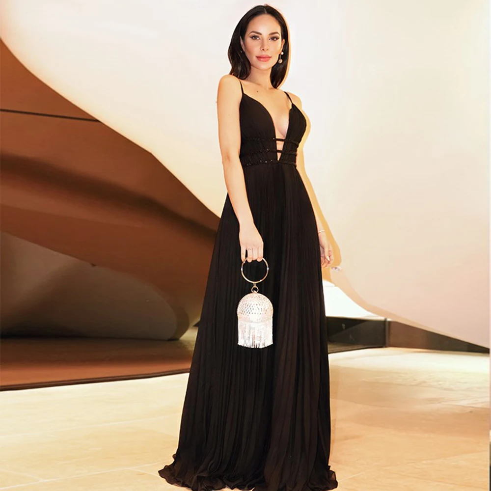 

Черные женские сексуальные вечерние платья с глубоким V-образным вырезом, облегающие Элегантные платья-трапеция на бретельках, формальные модные платья для выпускного вечера в стиле знаменитостей