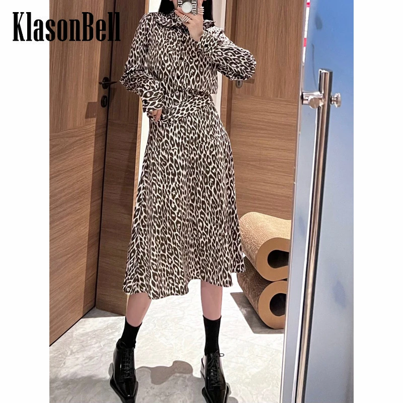 

9.15 KlasonBell Fashion Leopard Print Tie Shirt Or With Belt Midi Flared Skirt Set Women