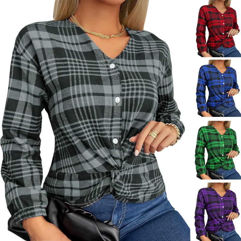 

Plaid Tops for Women 2022 Spring Sexy V Neck Buttons Long Sleeve T-shirt Female Fashion Casual Streetwear Shirt