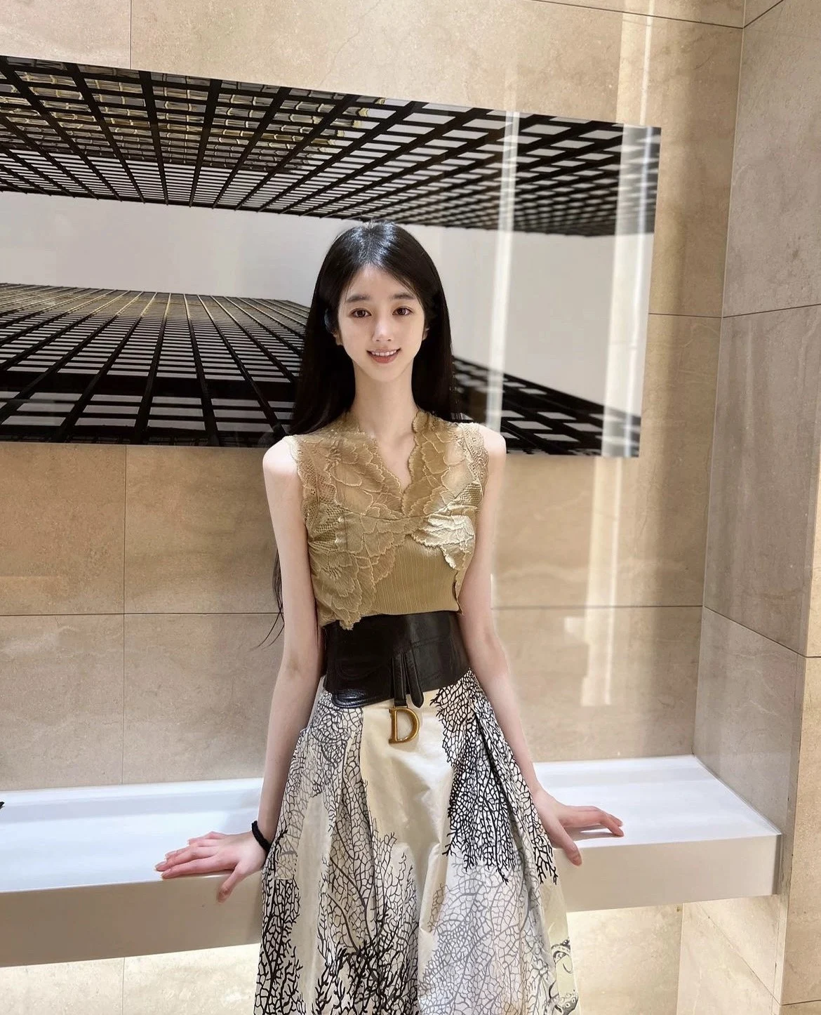 Lovingu [серо-коричневое кружево + пояс DIO романтическая юбка-зонтик с принтом что