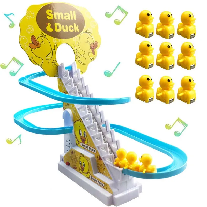 Electric Duck Climbing Stairs Slides Set with LED Flashing Lights Music Race Car Tracks Roller Coast