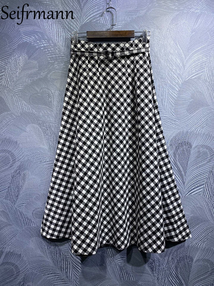 Seifrmann High Quality Summer Women Fashion Designer Midi Skirts High Waist Plaid Striped Print Ladies Big Swing A-Line Skirts