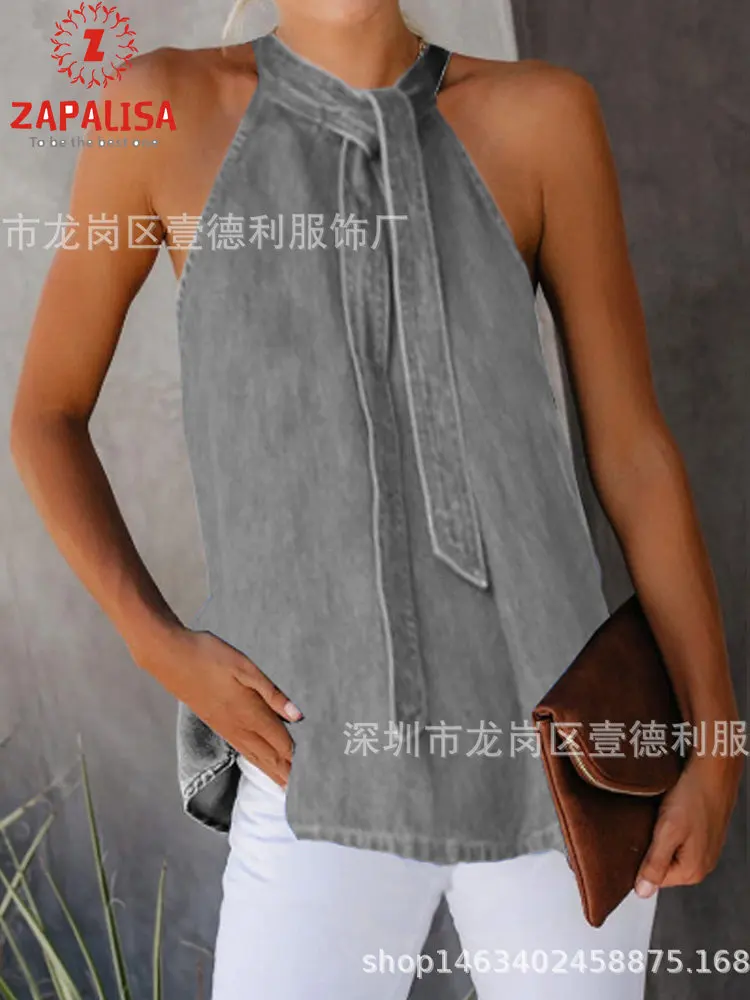 Модные женские летние однотонные джинсовые футболки бандажный дизайн Холтер без