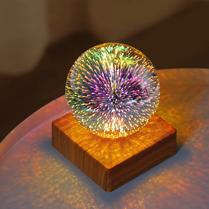 

3D Firework Crystal Ball Lamp Home Bedside Table Atmosphere Light Luminous Starry Sky LED Night Light with Wooden Base Decor